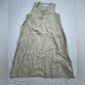 Adrienne Vittadini 100% Linen Dress Tan Sz 1X (14-16) Sleeveless Pockets Lace Up